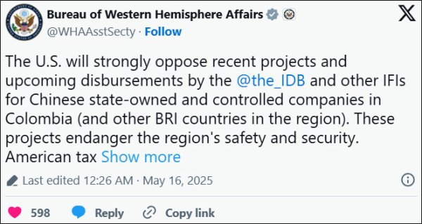 配资上市公司一览表 中国与哥伦比亚走近, 美国又跳出来阻挠国际金融机构为中企提供贷款